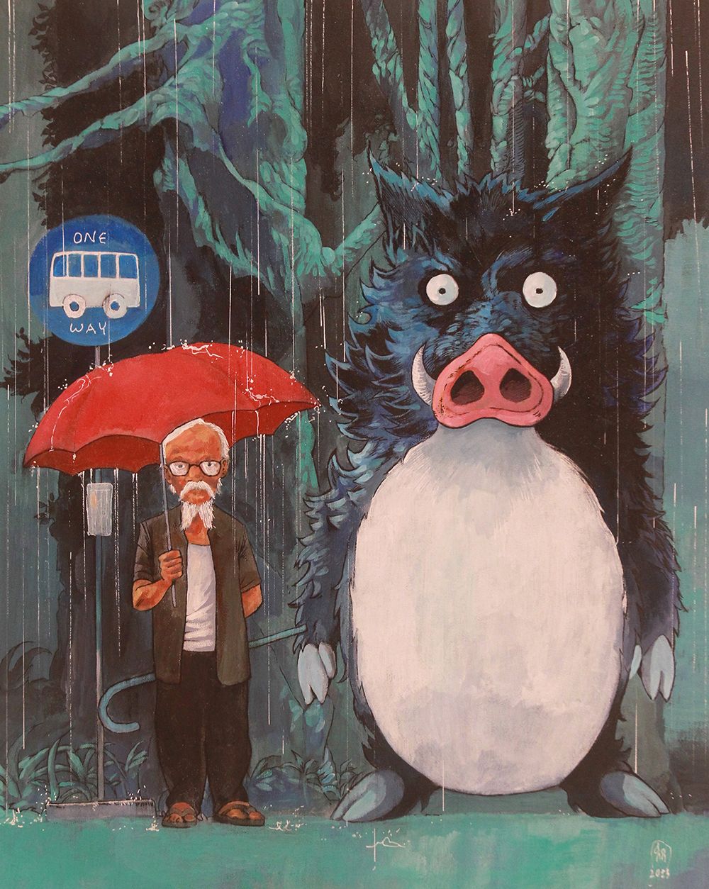 BUKAN GHIBLI: Perjalanan Pulang milik Donny K. dipamerkan bersama karya lain dalam rangka 100 hari berpulangnya seniman Djoko Pekik. (GUNTUR AGA TIRTANA/JAWA POS RADAR JOGJA)