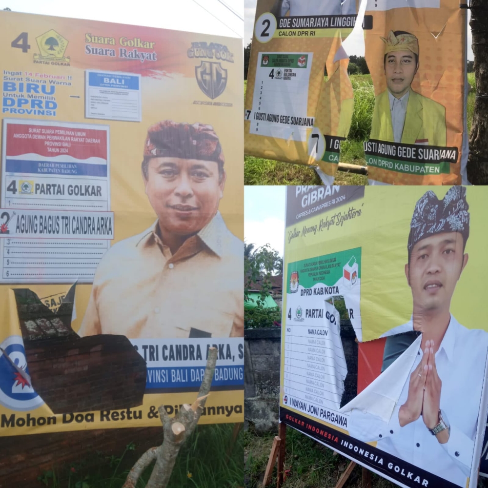 DILUBANGI: Perusakan sejumlah baliho caleg Golkar di wilayah Badung, Rabu (13/12/23). (Golkar Badung untuk Radar Bali)