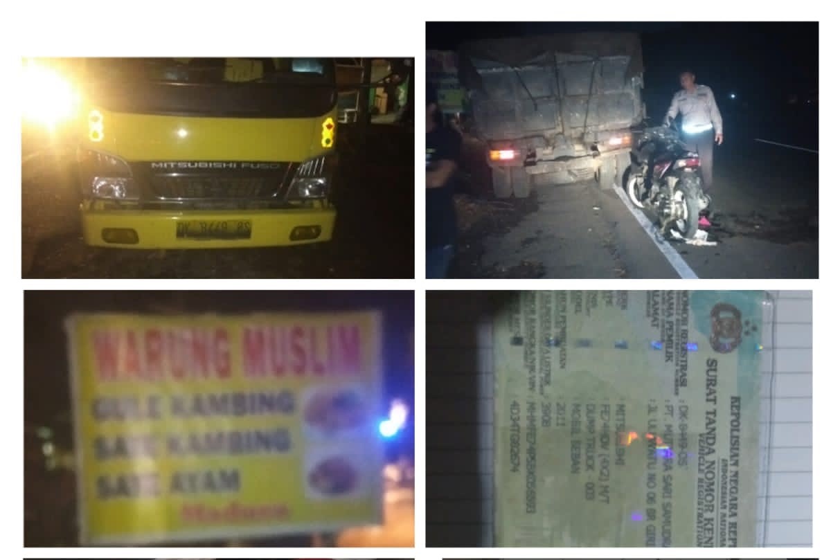 PARAH: Kolase potongan foto truk dan lokasi kejadian sepeda motor milik Mr X yang menghantam truk parkir.