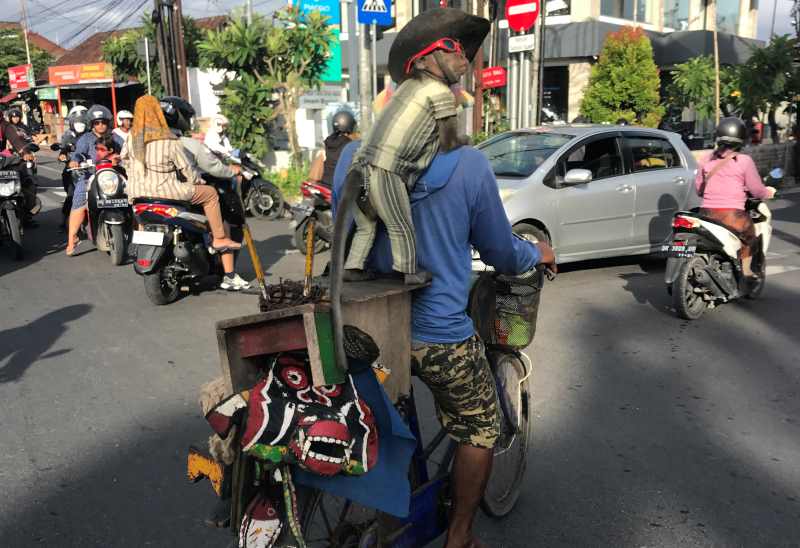 TEMAN MENCARI NAFKAH : Seekor monyet tampak sedang  dibonceng naik sepeda ontel, di kawasan Jalan Imam Bonjol, Denpasar, berkeliling tawarkan aksi topeng monyet.(miftahuddin/radar bali)