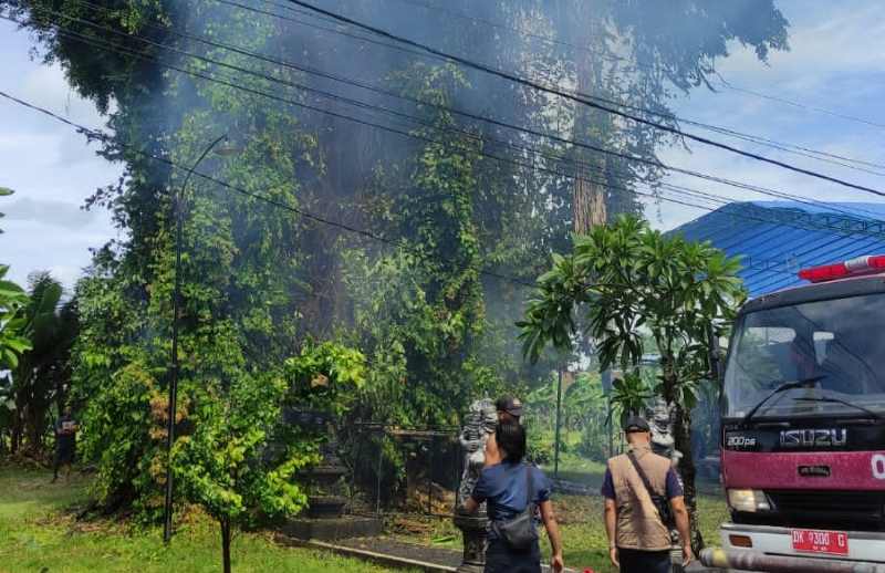 MENGAGETKAN: Petugas kebakaran Tabanan yang berjibaku memadamkan api pada pohon beringin di areal utara Pura Desa Bale Agung, Banjar Dinas Sanggulan, Banjar Anyar, Kediri Tabanan.(juliadi/radar bali)