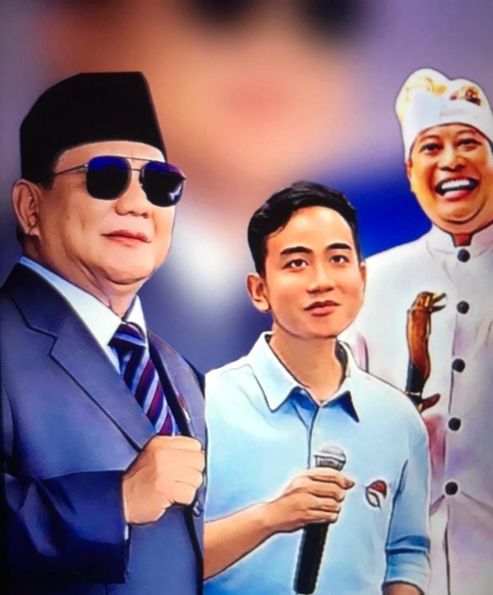 DUA PUTARAN: Tokoh Publik Bali & Cagub Bali Favorit Agung Manik Danendra AMD (kanan) bersama Capres-Cawapres Prabowo-Gibran. (AMD)