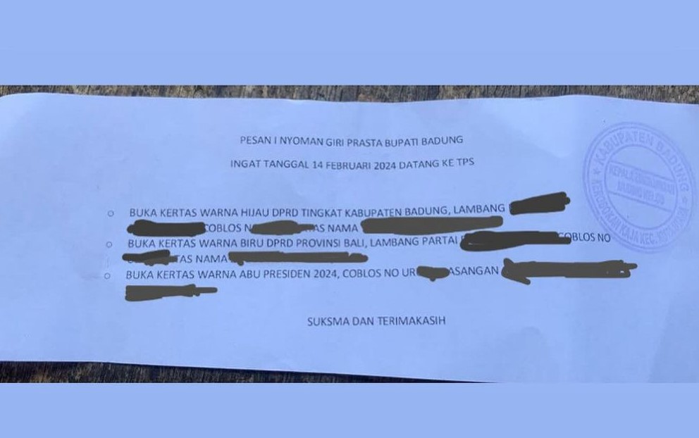 BIKIN HEBOH: Selebaran ajakan memiih berisi stempel yang diduga mencatut nama Bupati Badung, I Nyoman Giri Prasta ditelusuri Bawaslu
