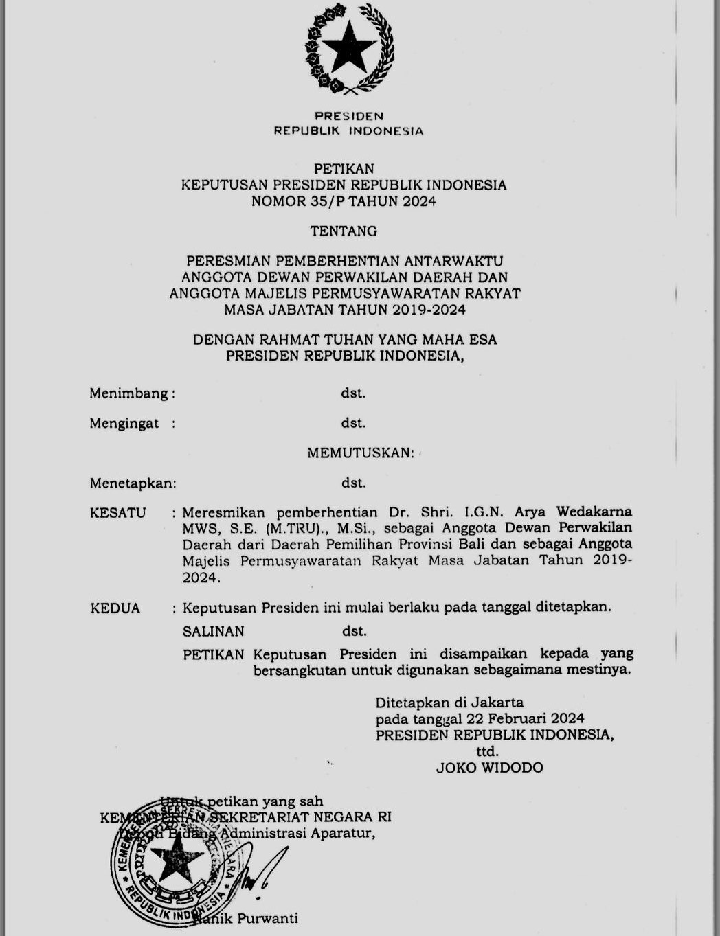FINAL: Kepres pemberhentian Arya Wedakarna yang ditandatangani Presiden Joko Widodo per 22 Februari 2024.