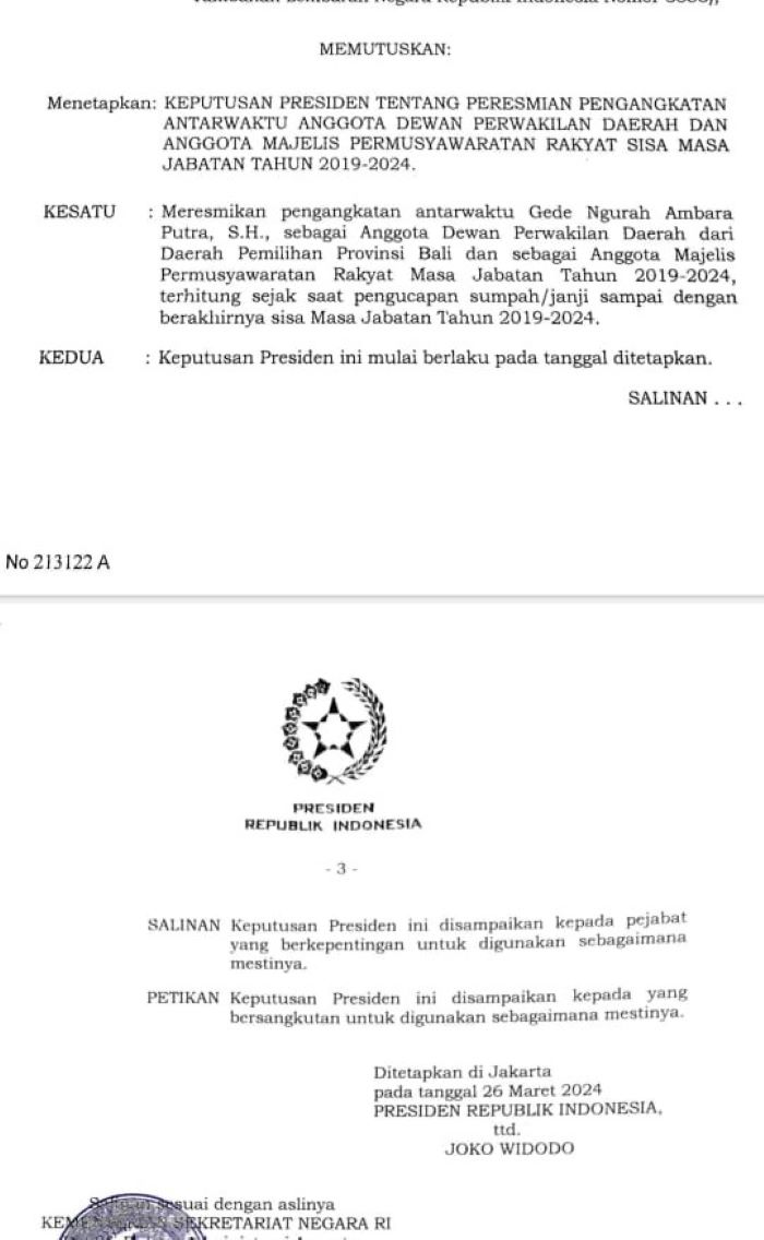 FINAL: SK Presiden Jokowi tentang pengangkatan Gede Ngurah Ambara Putra pengganti AWK
