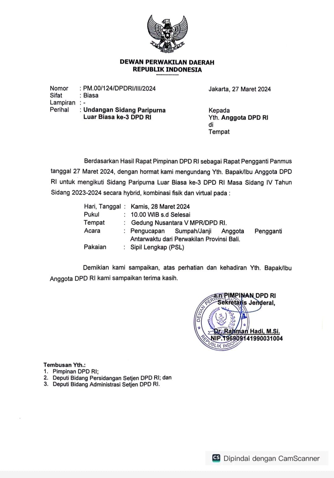 UNDANGAN: Surat undangan untuk menhadiri upacara pelantikan Gede Ngurah Ambara di Jakarta, Kamis 28 Maret 2024.