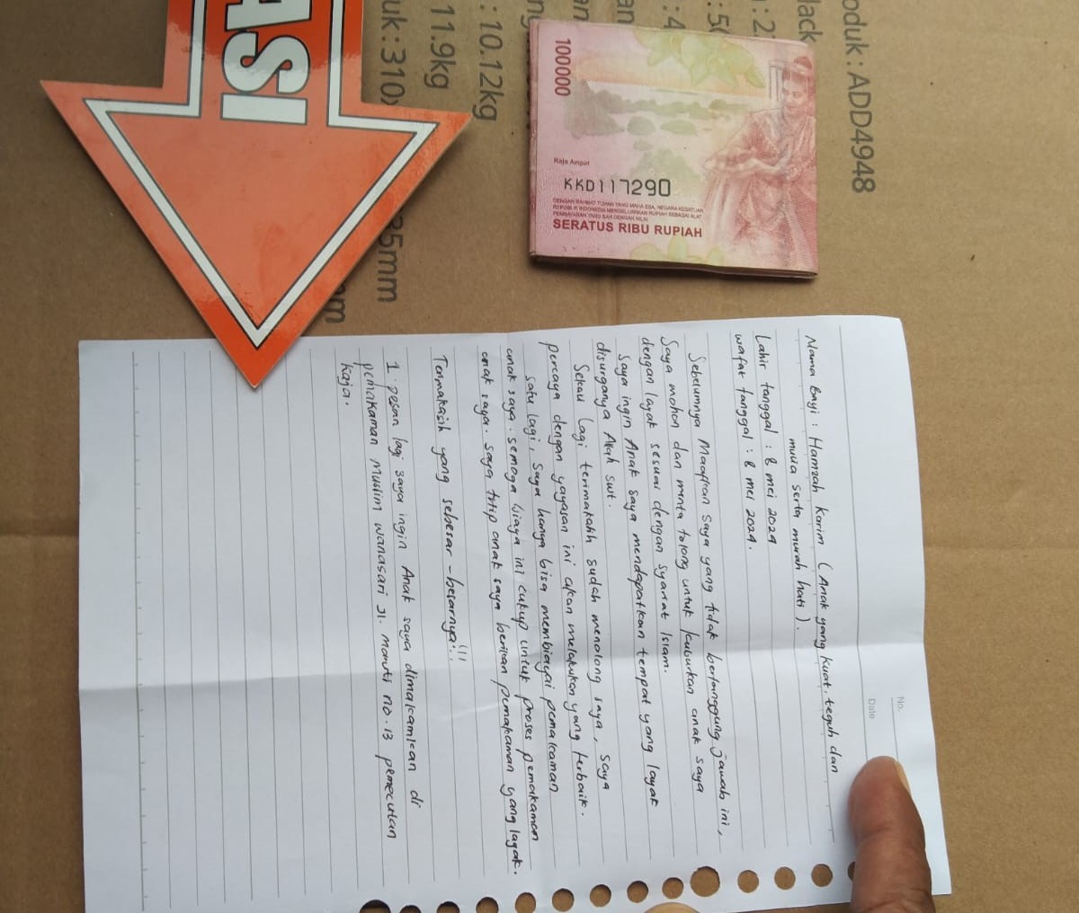 BIAYA PEMAKAMAN: Inilah surat wasiat untuk yayasan aagar bayi dikubur di pemakaman Wanasari Denpasar