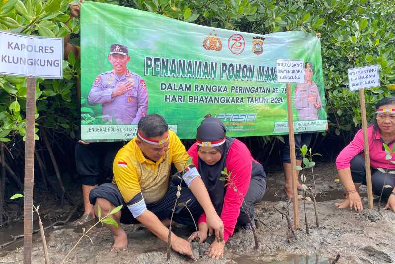 HIJAUKAN PESISIR : Aksi peduli lingkungan menanam mangrove di pesisir Desa Lembongan Kecamatan Nusa Penida, Klungkung. ( Foto: Polres Klungkung)