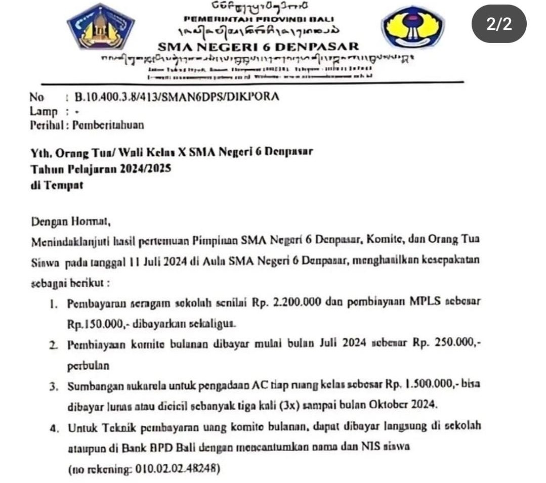 ANEH: Pihak sekolah SMAN 6 Denpasar meminta sumbangan untuk pengadaan AC sebagaimana isi surat ini.