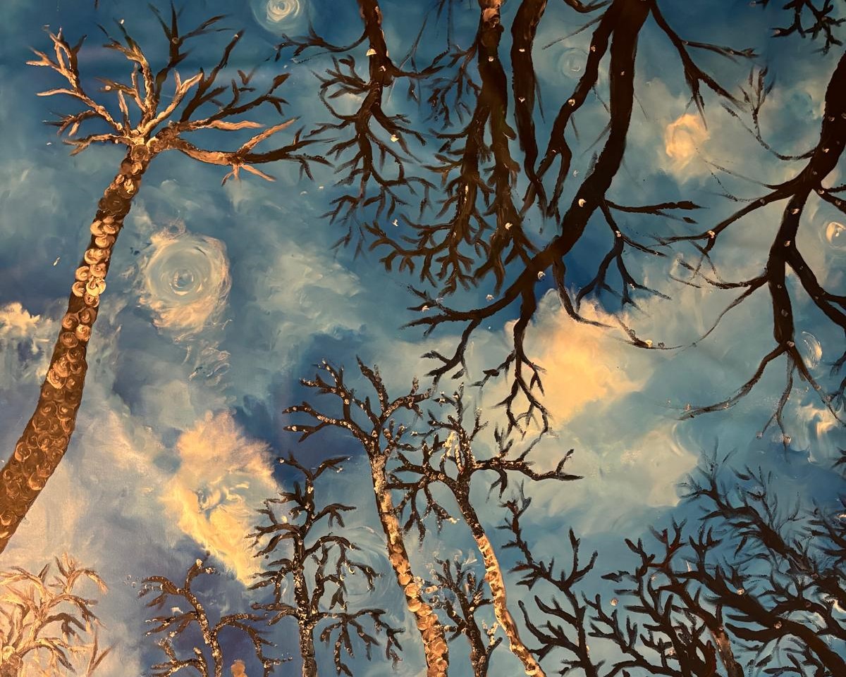 POHON DAN LANGIT: Salah satu karya lukis Rosi yang akan dipamerkan di beberpa kota di Indonesia.