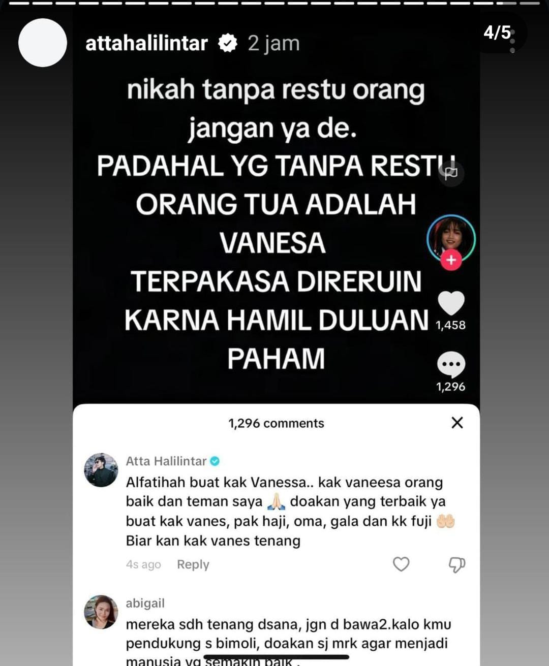 MAKAN TUAN: Salah satu postingan status Atta Halilintar  dan bully netizen.