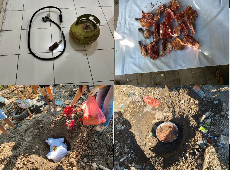 DAGING ANJING: Barang bukti daging anjing yang sudah dimasak diamankan polisi, sementara tersangka disetet ke Polsek Densel.