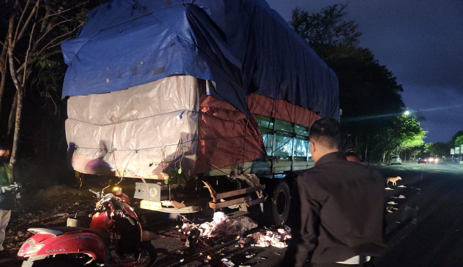 SEKARAT: Sepeda motor Scoopy warna merah menabrak Truk Parkir di area Lapangan Lagoon Nusa Dua