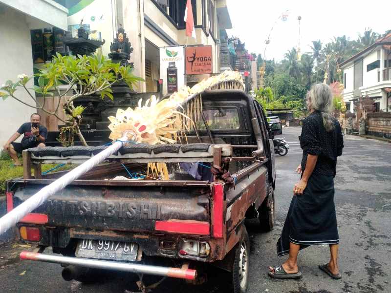 ANTARKAN PENJOR: Penjual penjor Dewa Alit antarkan penjor ke rumah warga di Banjar Dinas Sanggulan Desa, Desa Banjar Anyar Kediri Tabanan. [juliadi/radar bali]