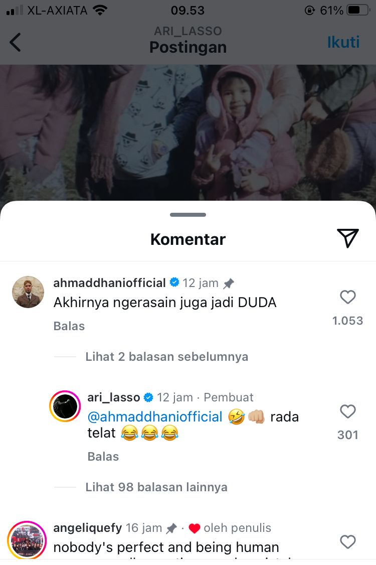 Ahmad Dhani turut berkomentar di kolom komentar instagram ari_lasso.