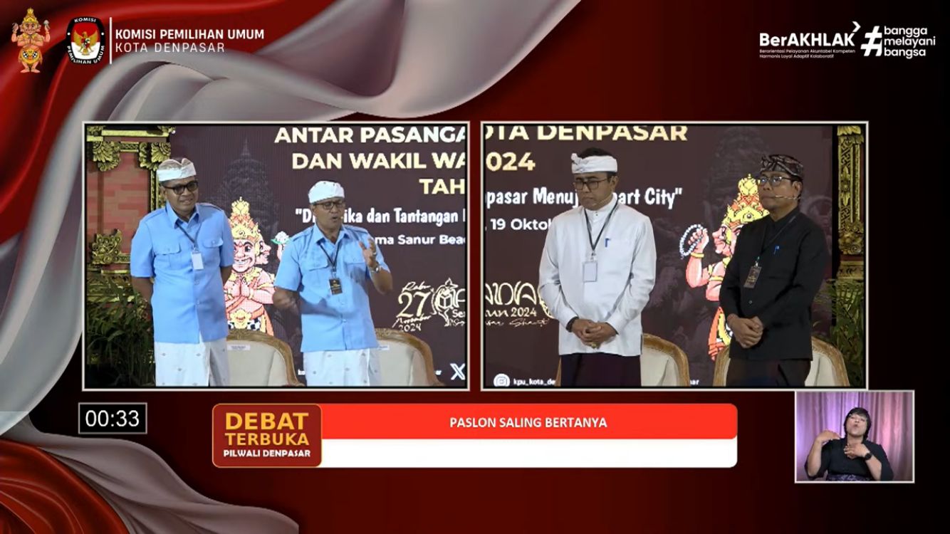 DEBAT: Paslon Ambara-Adi dan Jaya-Wibawa saat debat publik atau terbuka  putaran pertama Pilwali Kota Denpasar 2024 tanggal (19/10).