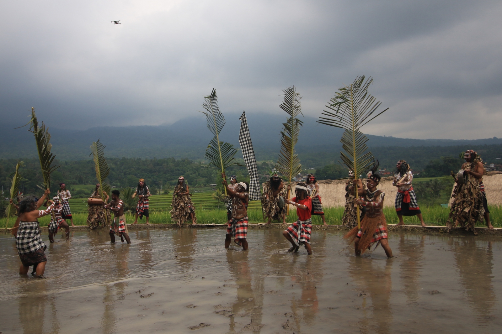SENI TRADISIONAL: Mepatingan saat ditampilkan menyambut Wamen Kebudayaan Giring Ganesha di DTW Jatiluwih, Sabtu (9/11/2024). (Miftahuddin Halim/Radar Bali)