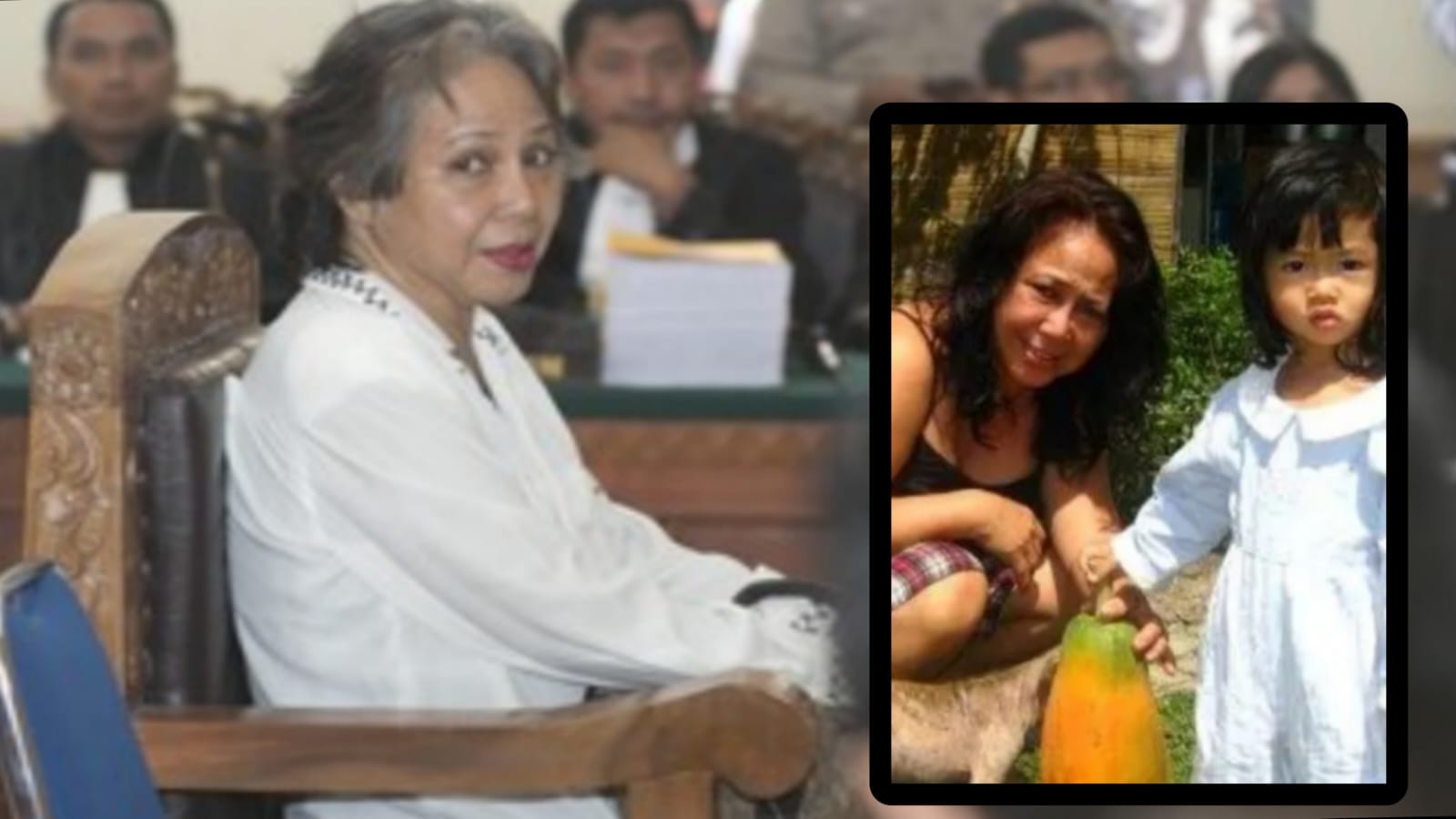MENINGGAL DUNIA: Margriet Christina Megawe (foto kiri) saat di PN Denpasar, bocah Angeline (foto insert) semasa hidupnya