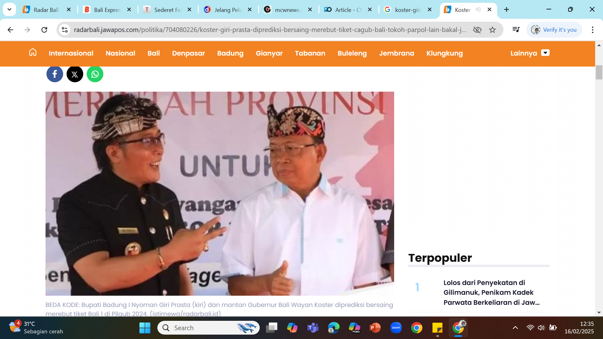 JELANG DILANTIK - Wayan Koster dan Giri Prasta hari ini menjalani tes kesehatan menjelang dilantik Prabowo pada 20 Februari.