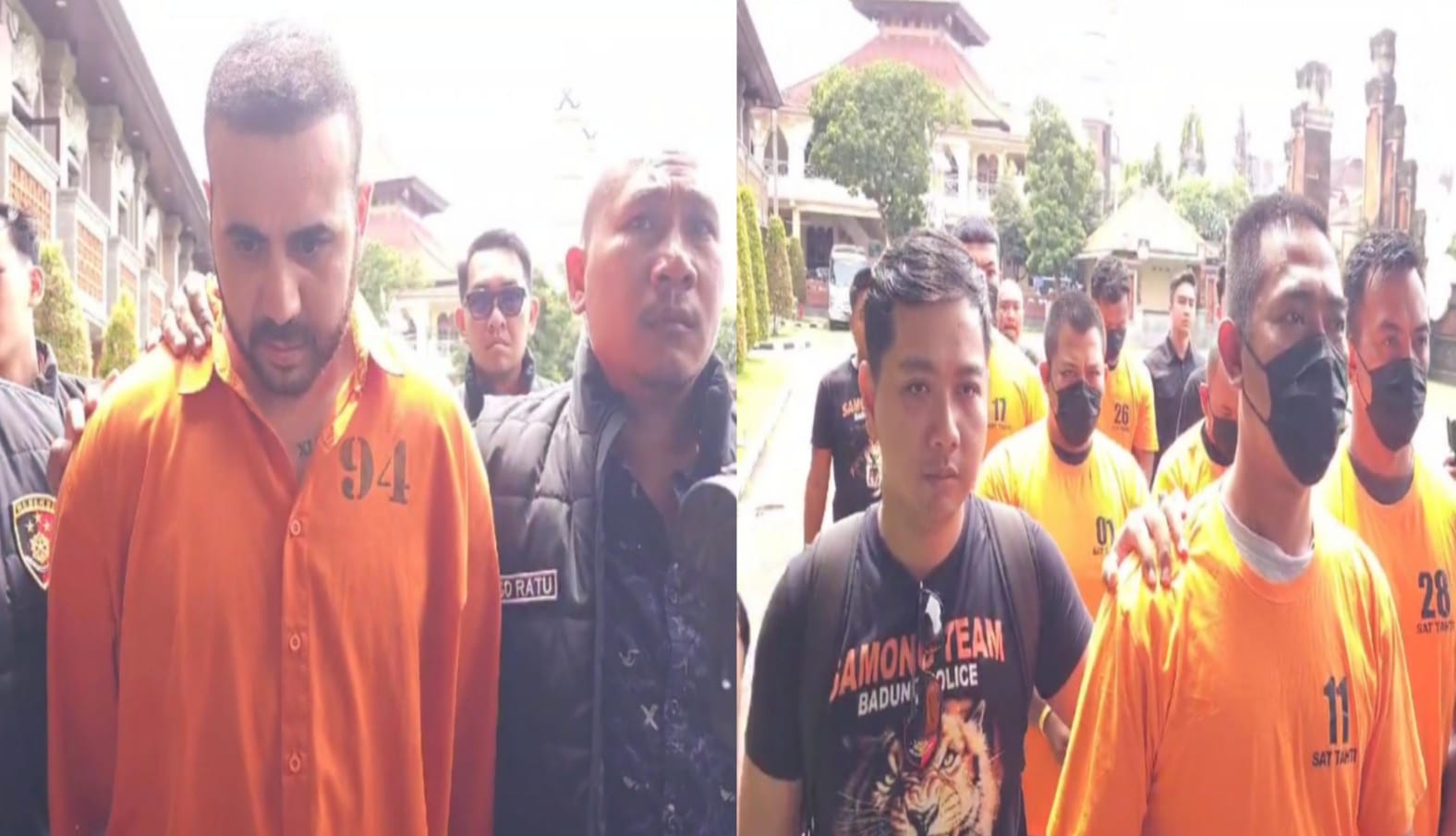 DITAHAN: Para tersangka kericuhan Finns Beach Club Canggu Kuta Utara yang beberapa diantaranya WNA Australia mengenakan baju tahanan di Mapolda Bali.