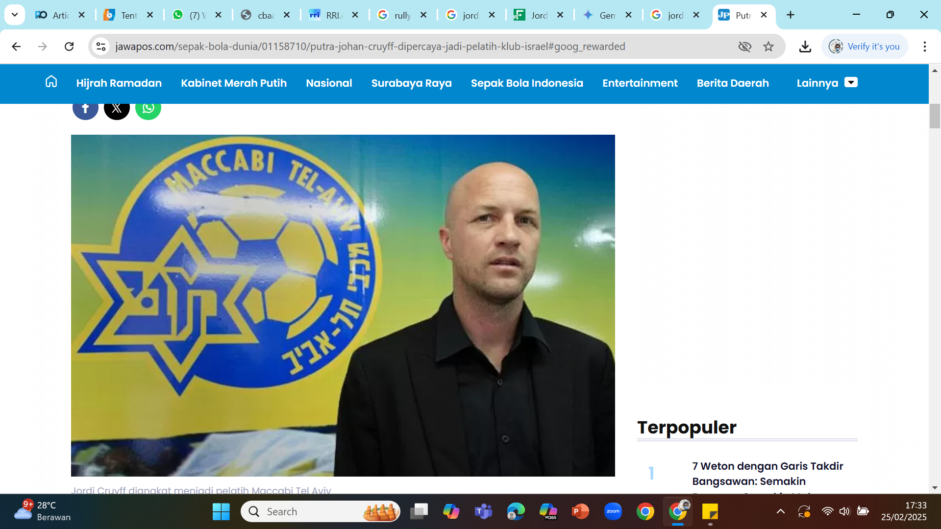Jordy Cruyff saat diumumkan menangani Klub Macabbi Tel Aviv.