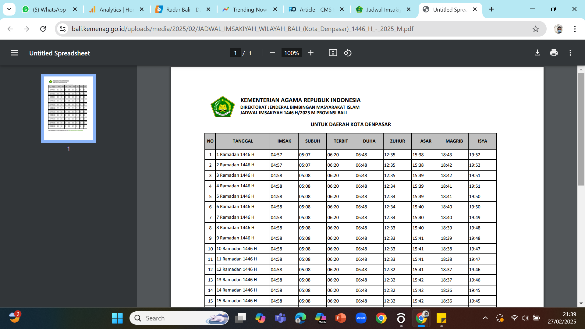 Jadwal Imsakiyah Wilayah Denpasar Bali