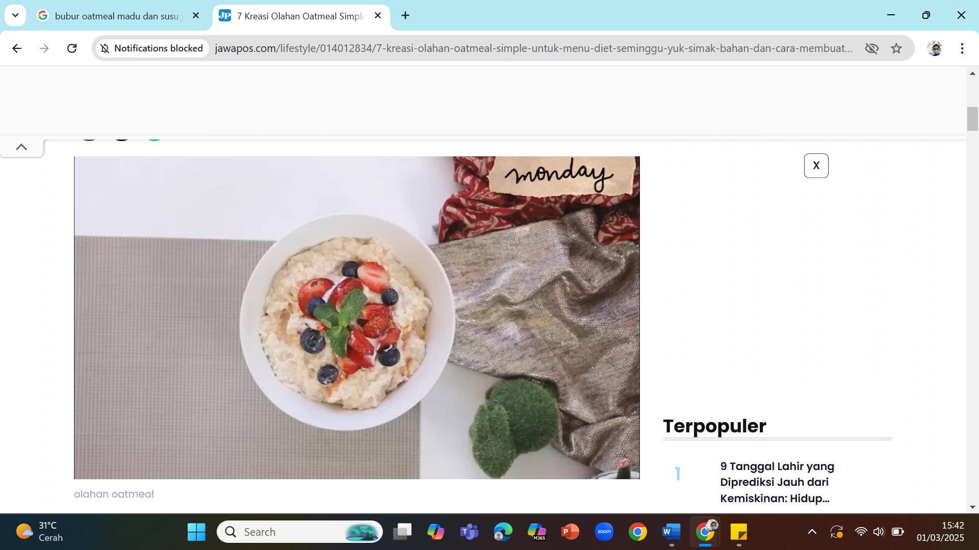 SEHAT LEZAT - Bubur oatmeal dengan madu dan susu yang lezat dan menyehatkan dapat disajikan dalam hitungan menit.