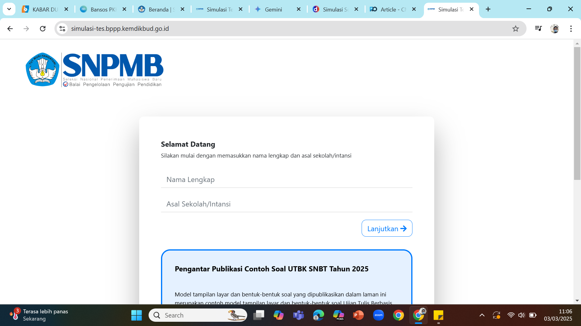 SIMULASI UTBK - Tampilan layar situs BPPP SNPMB