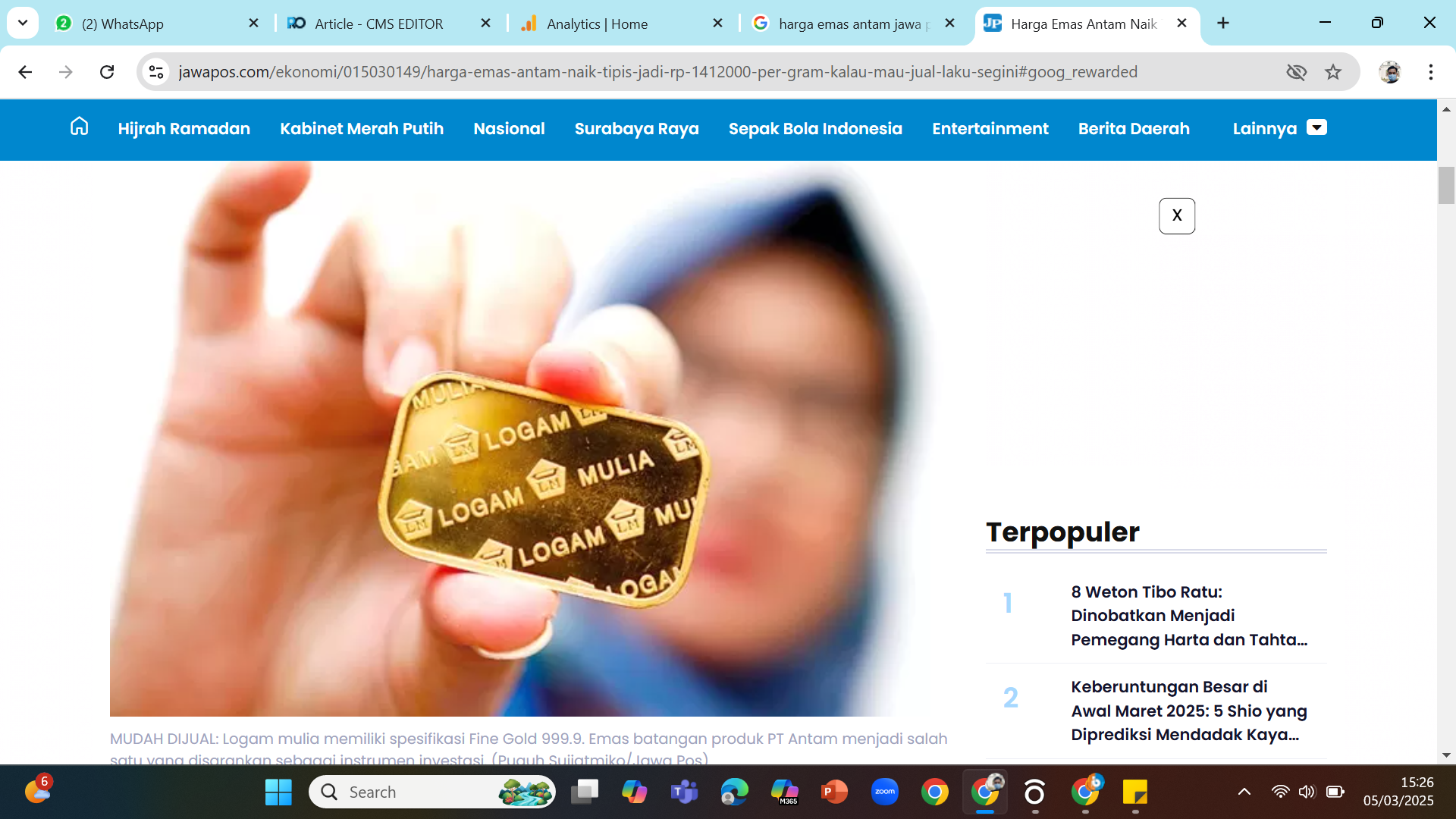 CETAK REKOR TERTINGGI - Harga emas Antam menembus rekor karena pelemahan nilai tukar USD.