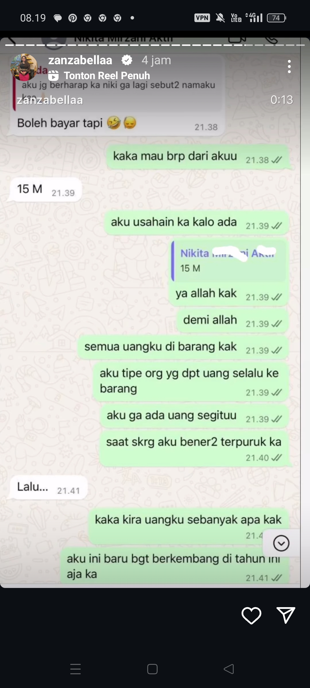 Bukti chat pemerasan Nikita Mirzani kepada salah satu owner skincare