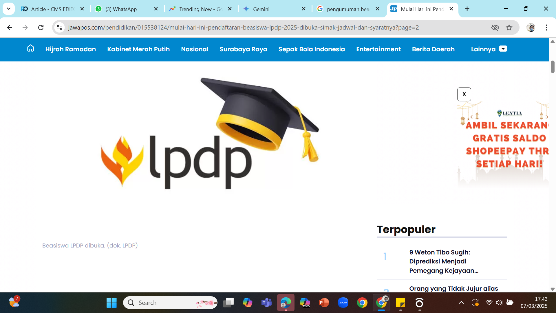 Ilustrasi - Hasil pengumuman seleksi administrasi LPDP 2025.