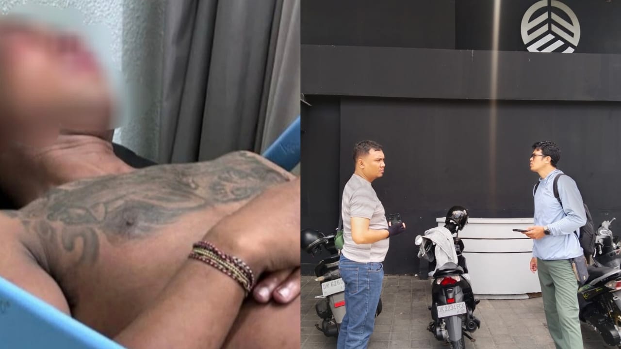 DIKEROYOK: Komang Widiartawan alias Omang, 30, berada di RS sementara pihak kepolisian mendatangi Cafe Triple Three Bar Society, Jalan Tukad Barito Timur