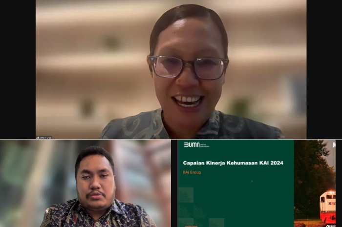 JALIN KERJASAMA: VP Public Relation PT KAI Anne Purba (atas), GM Sales and Marketing Promedia Bimo Aditya (kiri bawah) dalam forum Jaringan Pemred Promedia (JPP) via daring, pada Selasa, 11 Maret 2025
