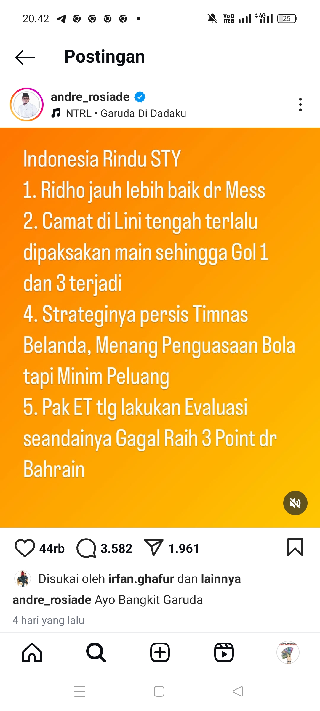 Tulisan Andre Rosiade mertua Pratama Arhan