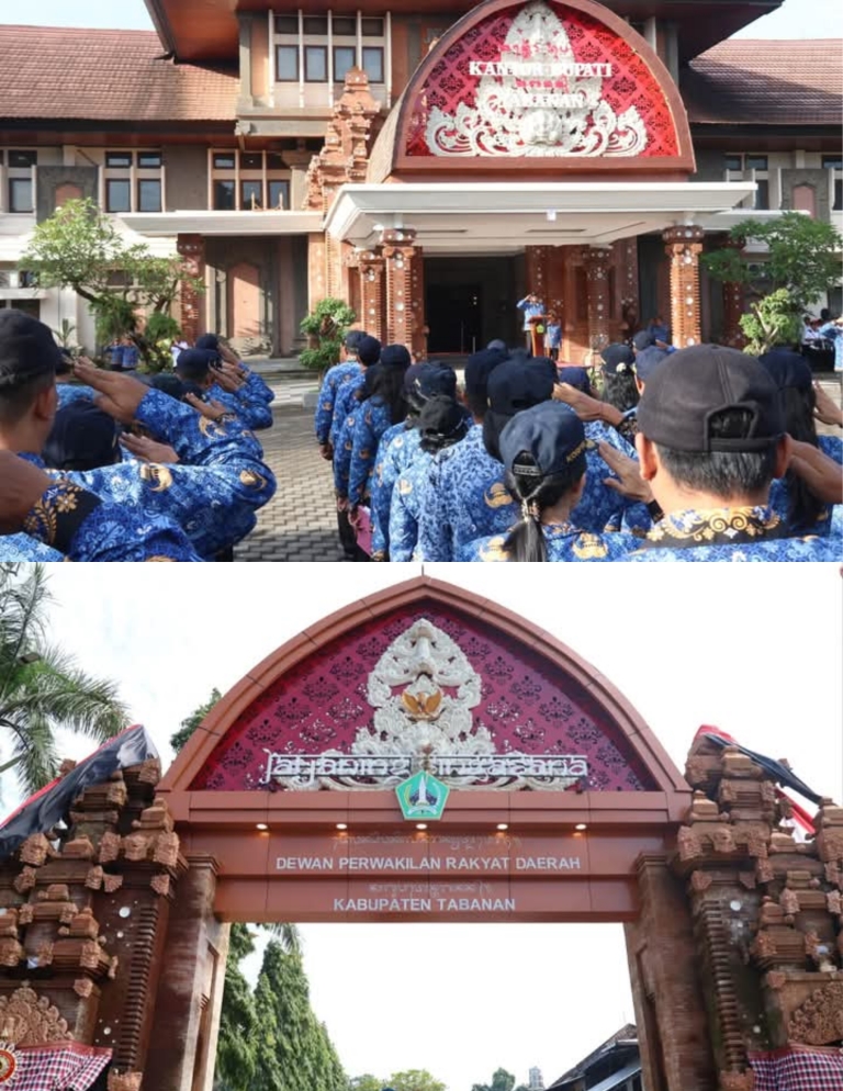 SERBA MERAH: Gapura atau pintu gerbang masuk Gedung DPRD Tabanan.