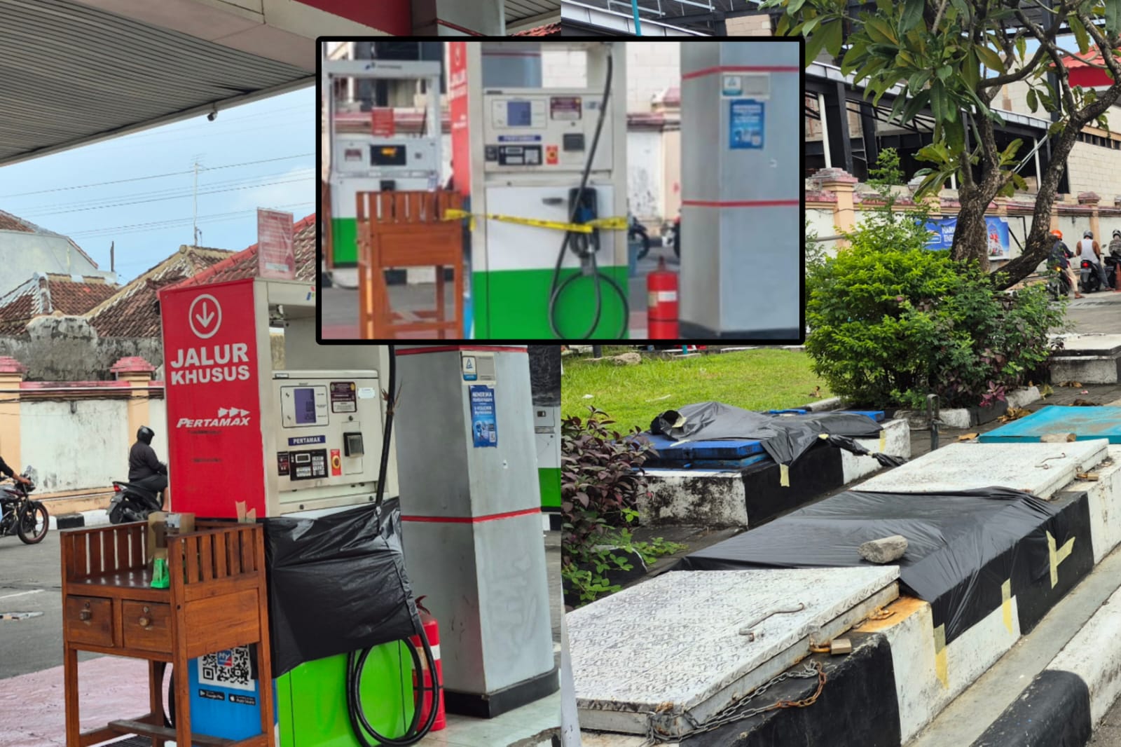HITAM: Garis polisi di dispenser Stasiun Pengisian Bahan Bakar Umum (SPBU) 54.801.32, Jalan Gunung Soputan, Denpasar Barat, Bali, ditutup kantong hitam, Rabu, 9 April 2025.