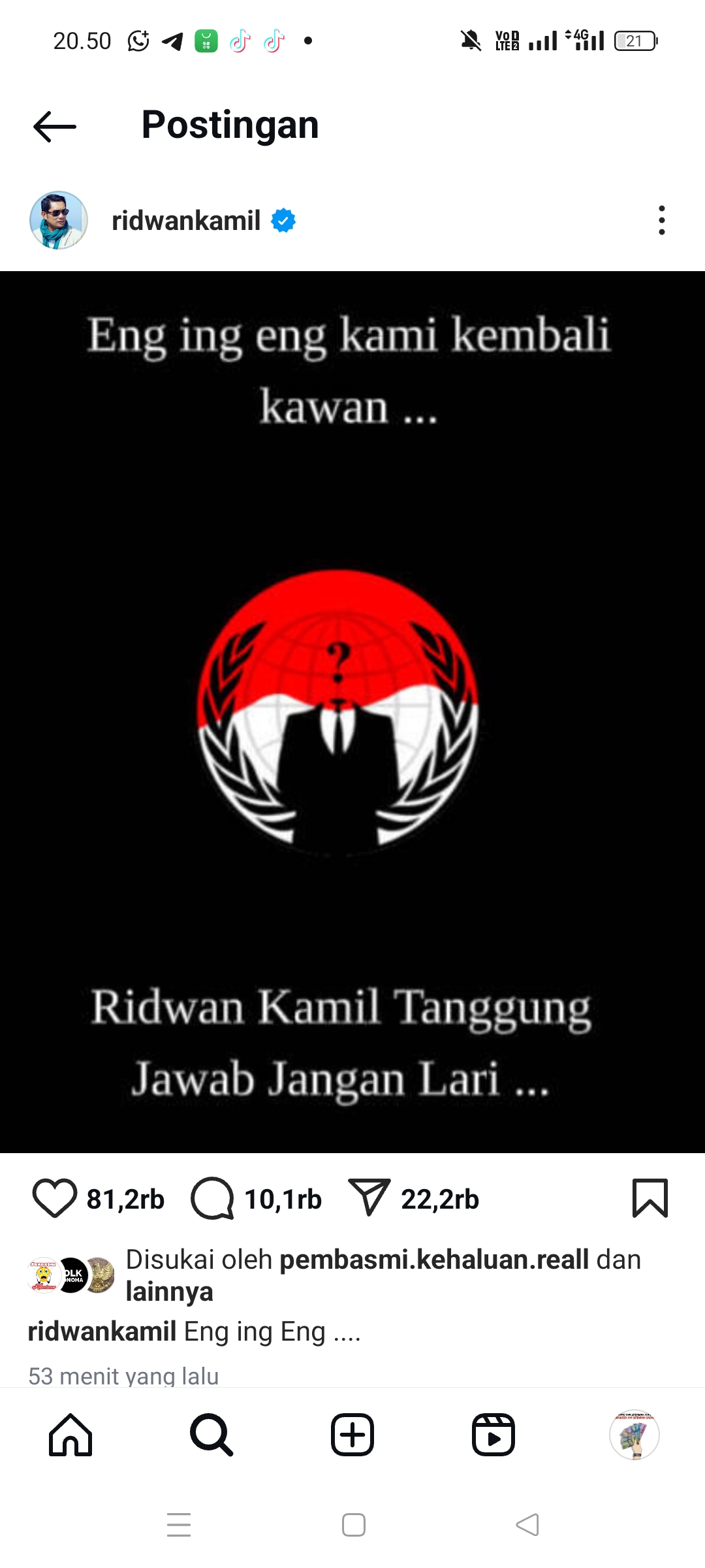 Unggahan Ridwan Kamil yang diduga kena Hack