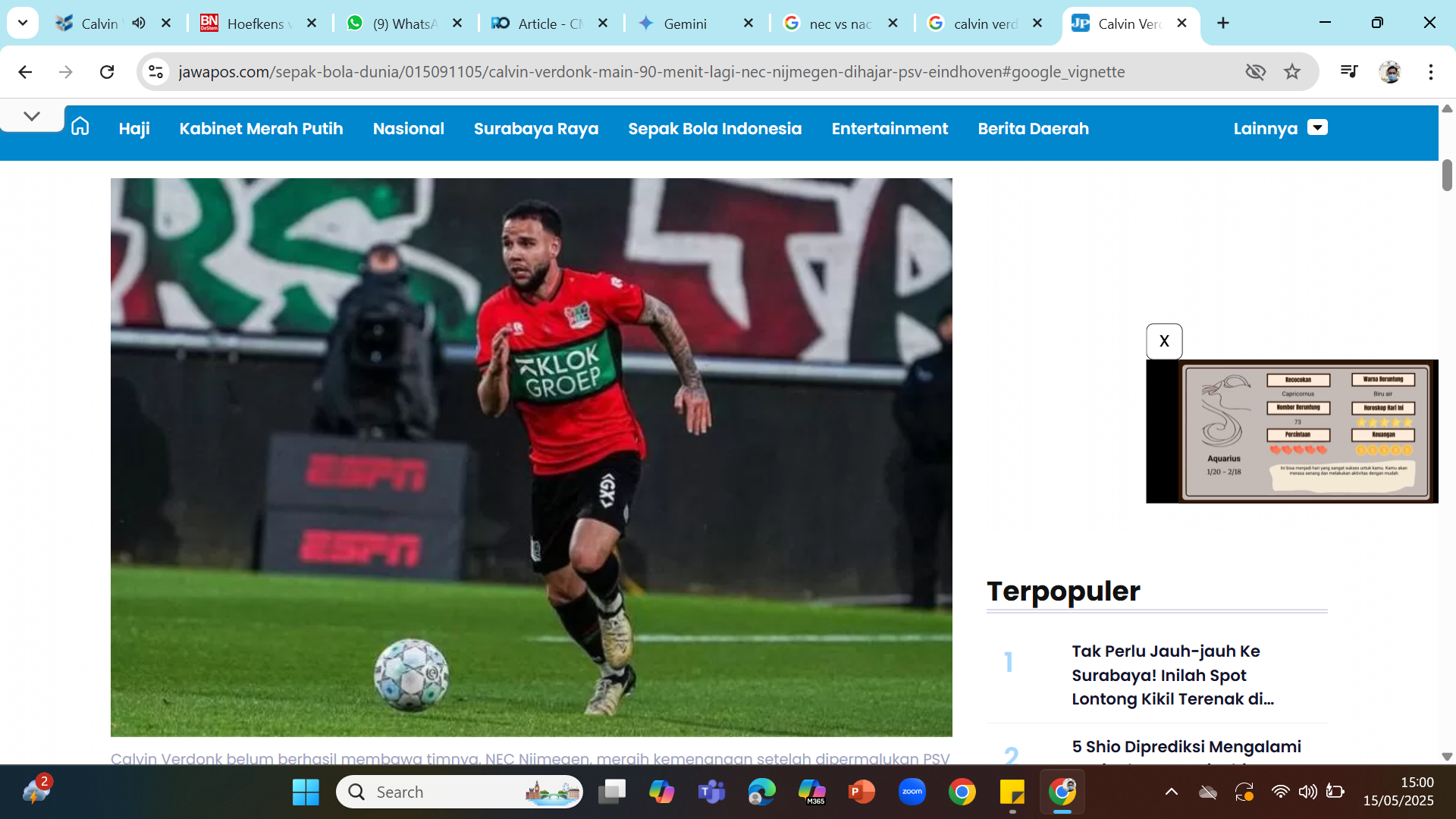 SELANGKAH LAGI KE KANCAH EROPA - Bek Timnas Calvin Verdonk saat membela timnya NEC Nijmegen di Eredivisie.