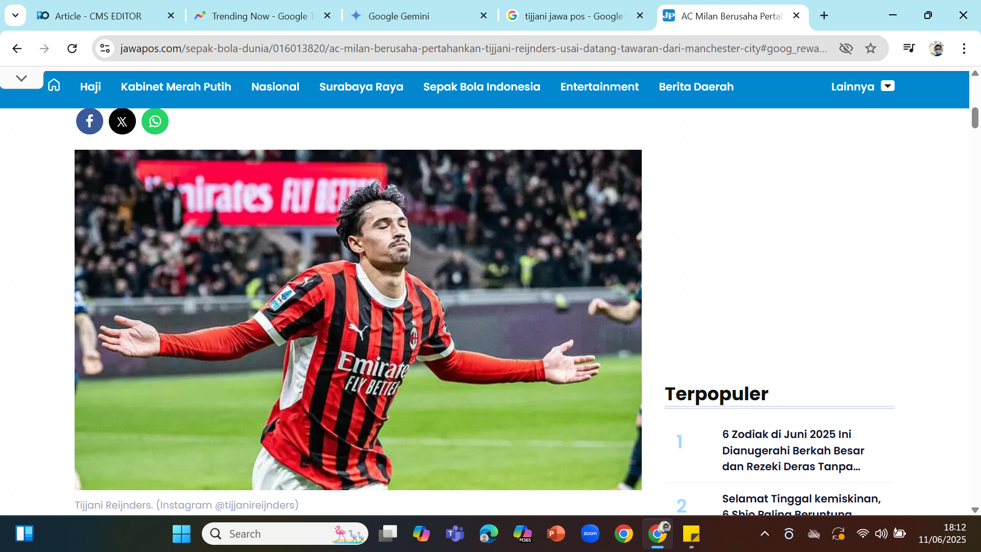 TIJJANI IS BLUE - Gelandang Timnas Belanda Tijjani Reijders resmi pindah ke Manchester City.