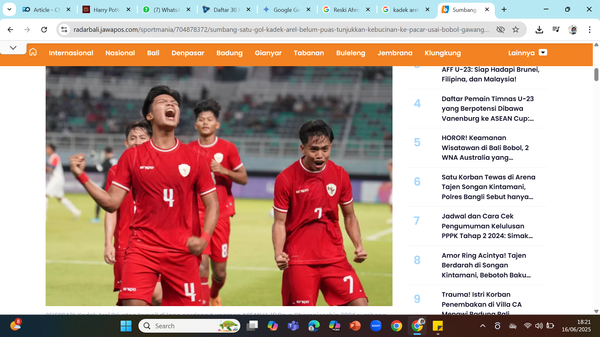 TUGAS NEGARA - Kadek Arel saat merayakan gol ke gawang Filipina dalam ASEAN U-19 Boys Championship 2024