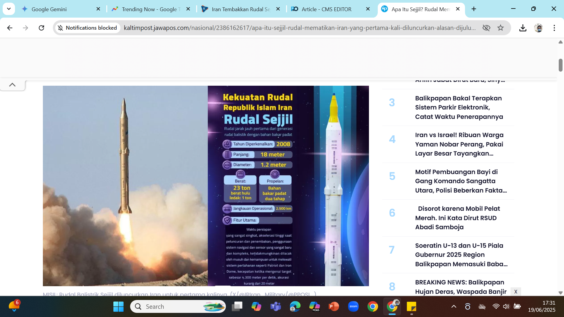 DEBUT - Spesifikasi rudal Sejjil