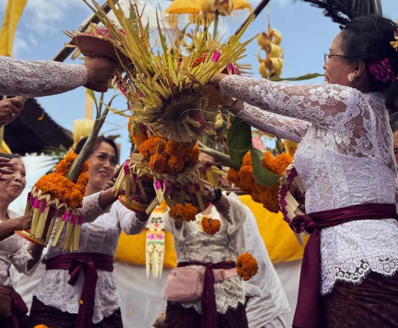 TUNTASKAN PROSESI RITUAL : Upacara Mekebat Daun digelar pesemetonan Merajan Ageng Geria Jumpung. (foto: Semeton Geria Jumpung)