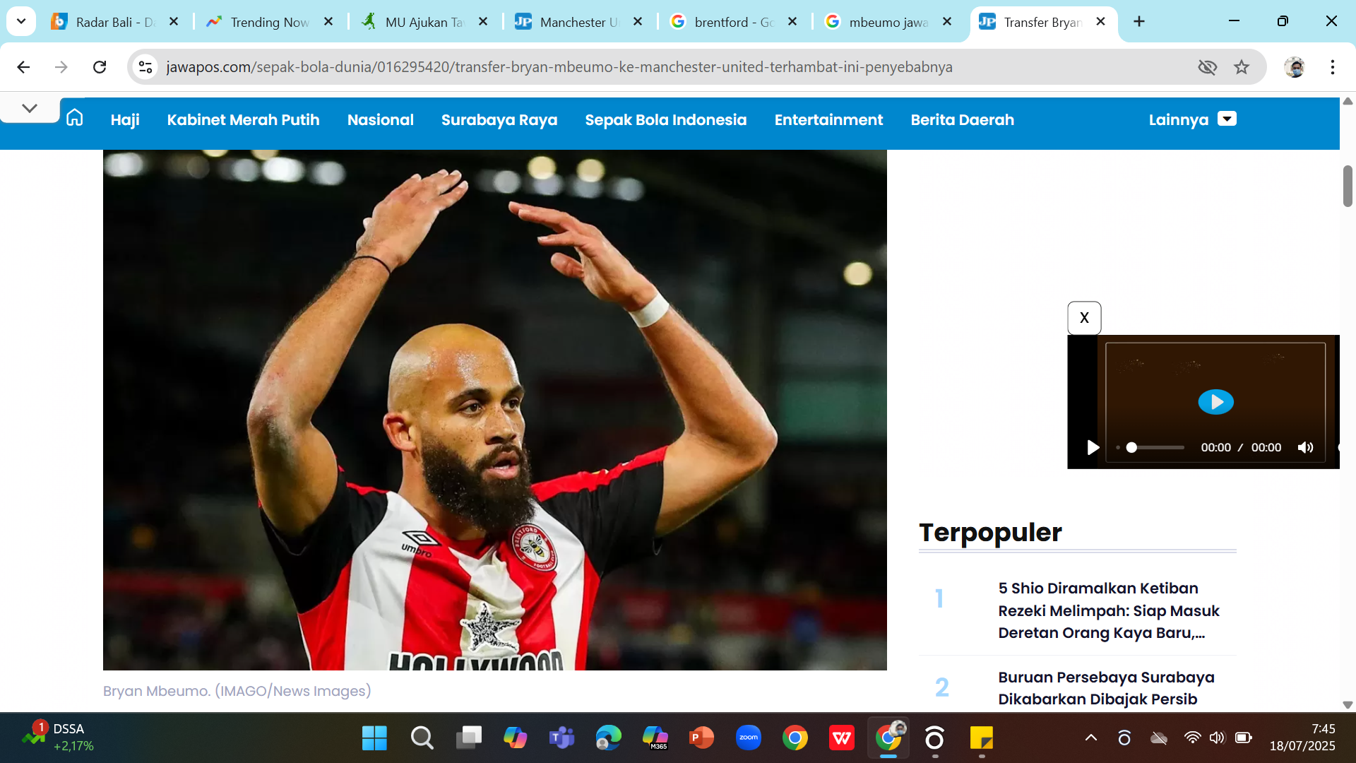 Striker Brenford Bryan Mbeumo yang ditawar Manchester United 65 juta poundsterling