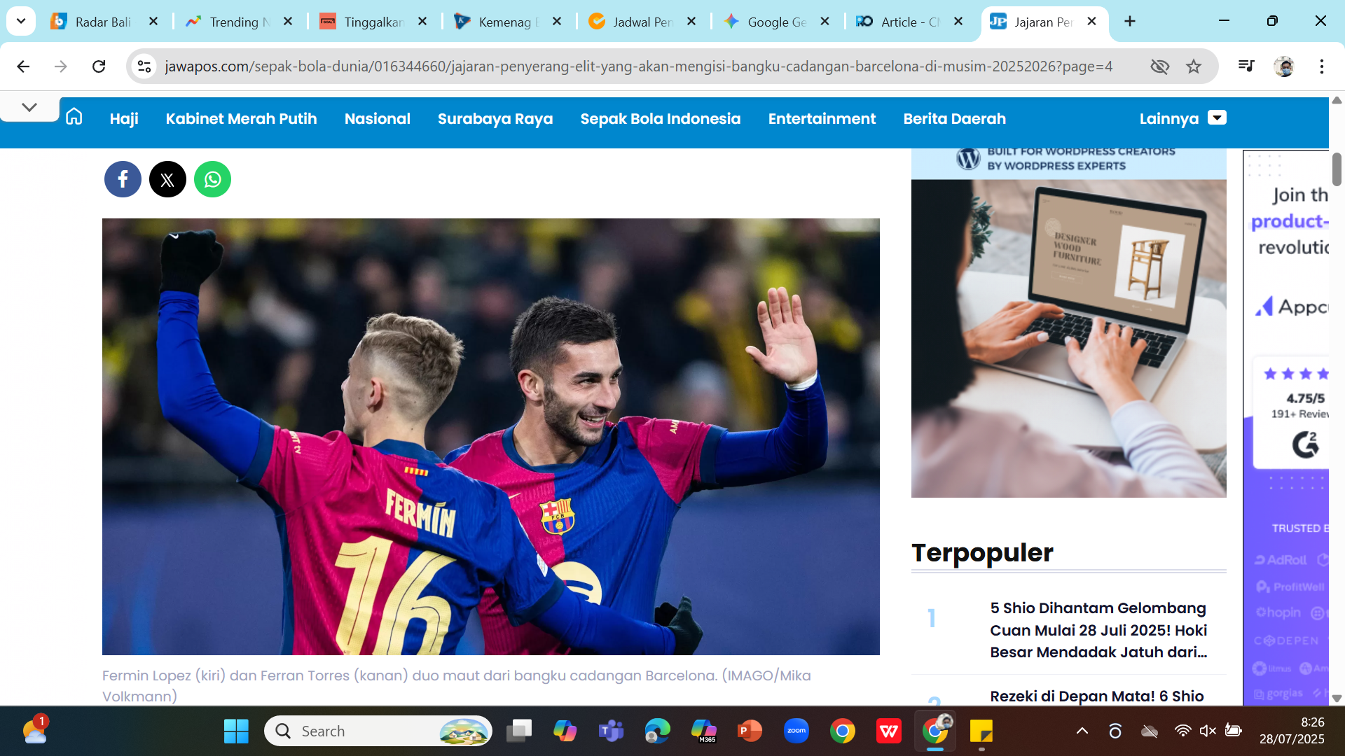 Fermin Lopez (kiri) dan Ferran Torres (kanan) duo maut dari bangku cadangan Barcelona.