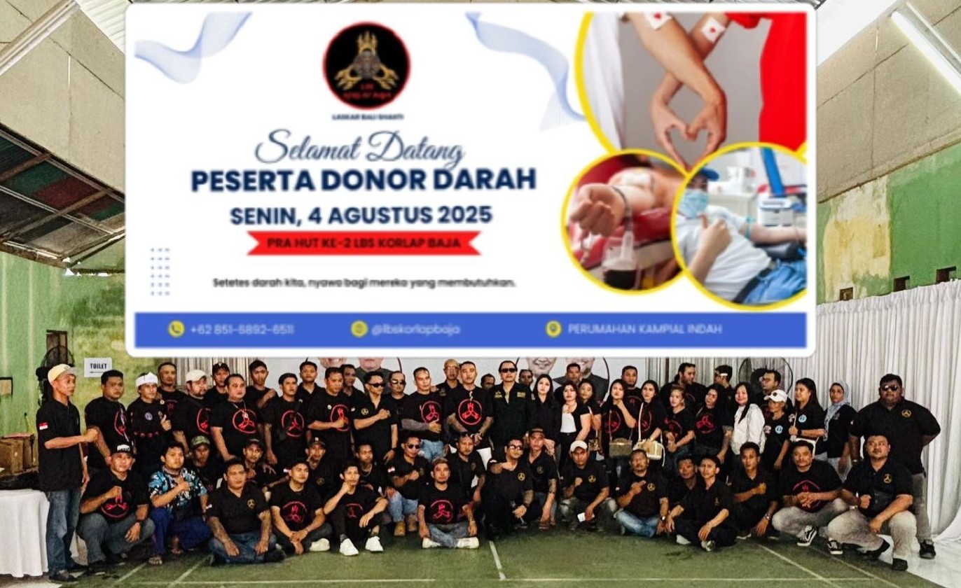 Para anggota Laskar Bali Shanti (LBS) saat foto bersama donor darah HUT RI ke-80