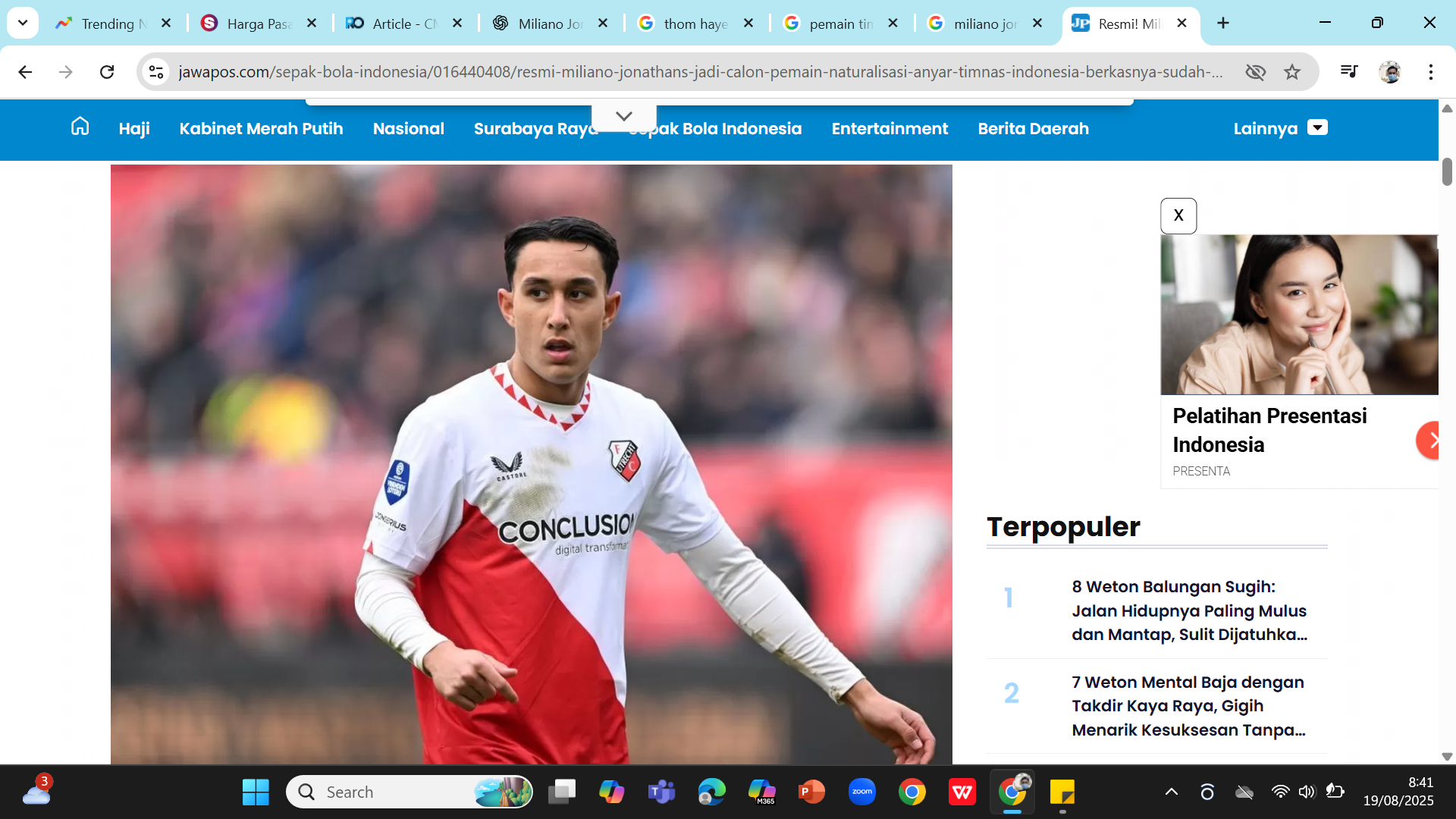 AMUNISI BARU - Gelandang FC Utrech keturunan Depok Miliano Jonathans segera resmi memperkuat Timnas Indonesia.