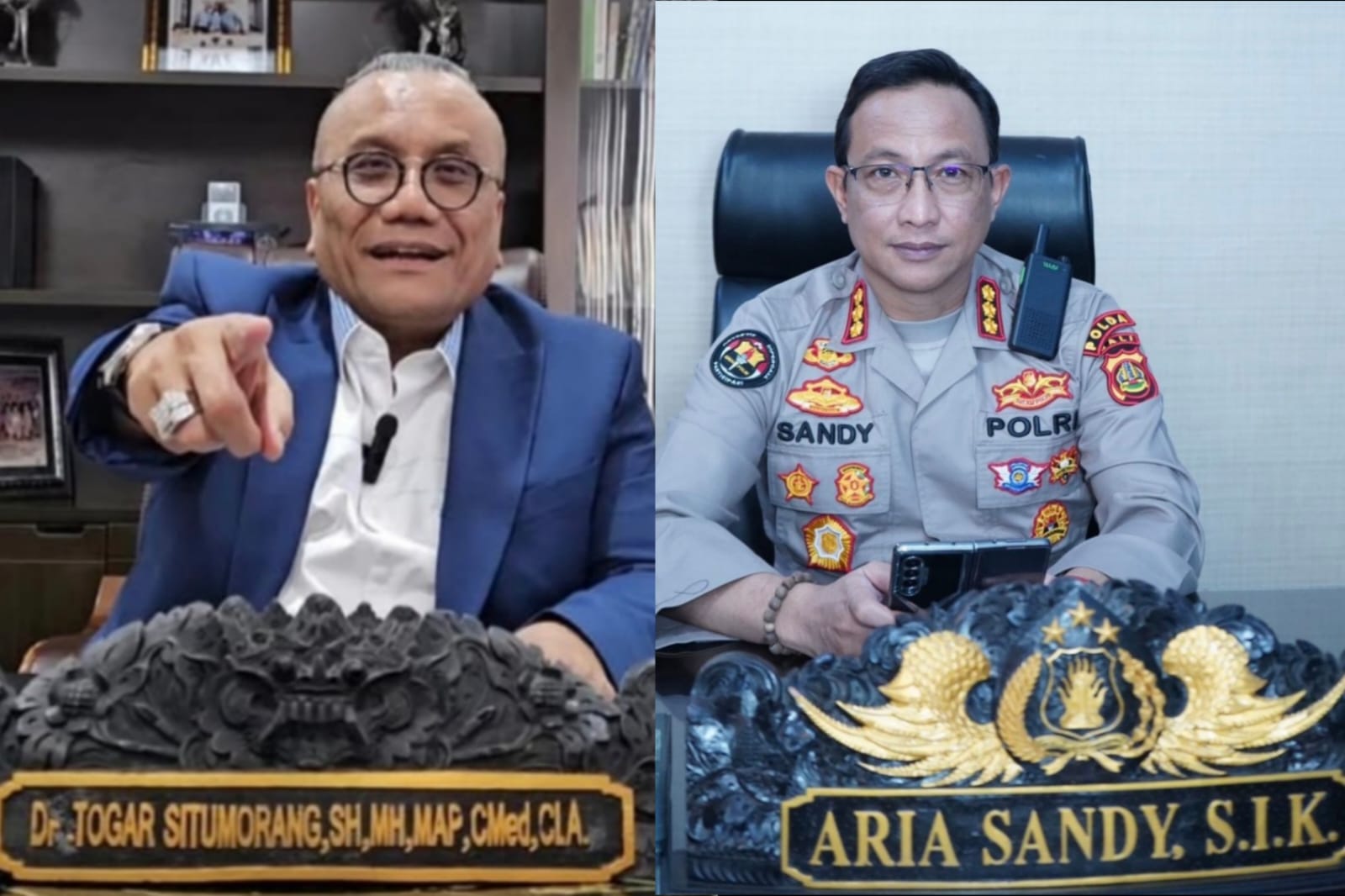 Kolase Togar Situmorang (kiri) dan Kabid Humas Polda Bali Kombes Pol Ariasandy tentang hasil pra peradilan.