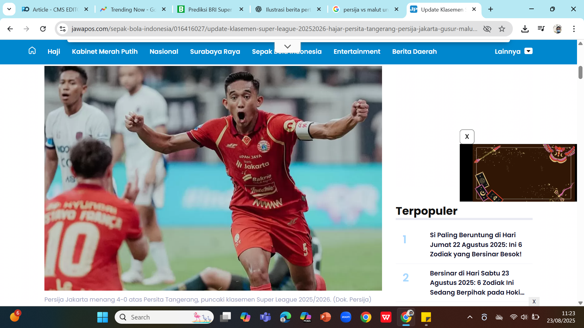 UJIAN SESUNGGUHNYA - Bek Persija Rizky Ridho merayakan gol saat menang 4-0 atas Persita Tangerang.