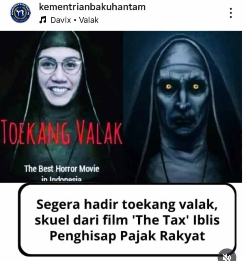 PANEN HUJATAN : Menteri Keuangan Sri Mulyani Indrawati banyak dihujat di media sosial (medsos) dinilai sebagai Menteri tukang palak uang rakyat. (sumber IG Kementrianbakuhantam)