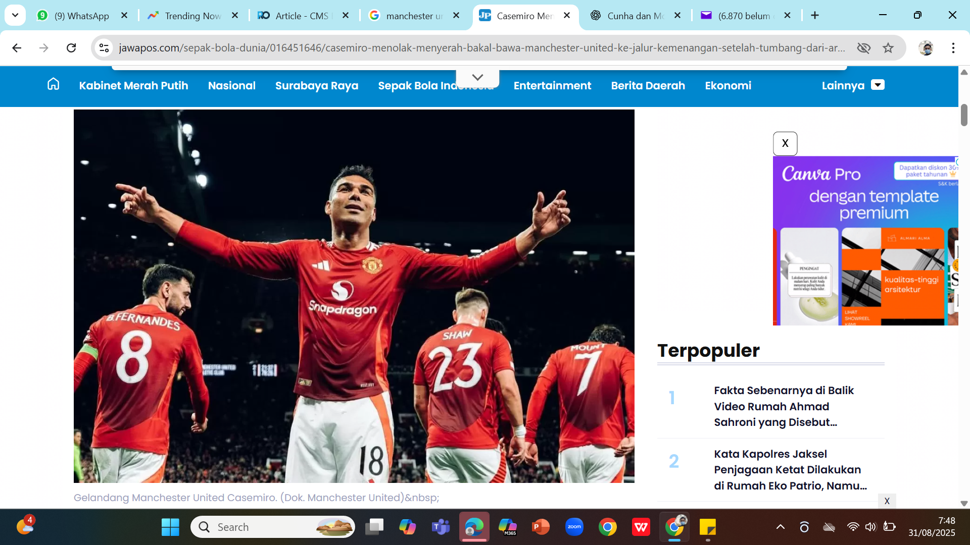 MENOLAK MENYERAH - Gelandang bertahan MU Casemiro.